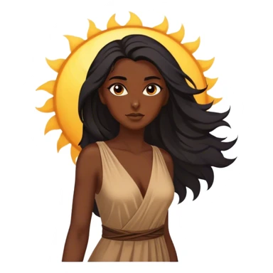 Cinematic Stunning Pocahontas Portrait Emoji, Windswept raven hair flowing behind her, deep brown eyes filled with wisdom and strength, glowing sun-kissed skin, wearing her elegant tan dress, the spirit of the wild in her expression, breathtakingly majestic! sticker