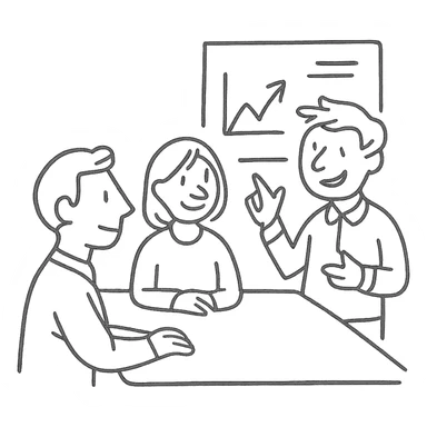 a friendly work team during a briefing, hand-drawn style, sketchy lines, relaxed atmosphere, simple color palette sticker