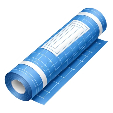 blue blueprint plan with white lines, partially rolled up, perspective view sticker