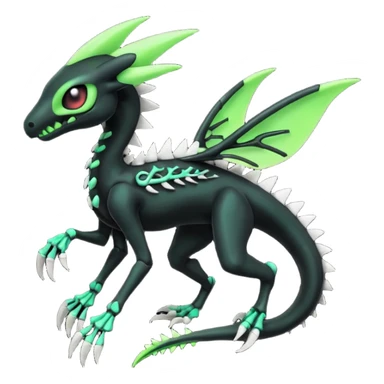 Obsidian-black and neon-glowing-green skeletal Meloetta-Salandit-Gorebyss-Salazzle-Pokémon-Fakémon-creature-fusion-hybrid sticker