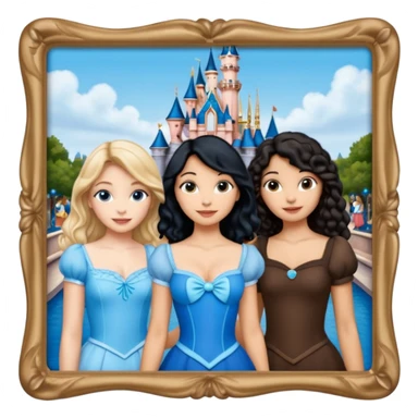 escribe el nombre Disneyland Paris y para titulo, pon a quatro chicas: una pelo corto negro, una pelo rizado largo, una pelo largo liso y la otra pelo ondulado mediano, esta con el ojos azules. Haz un cuadrado rectangular grande y por los lados pon a las chicas que te he descrito sticker