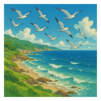 ghibli style coastline with seagulls flying above sticker