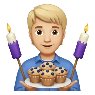 It is my friend virginias birthday. Create emoji with me saying happy birthday Virginia while holding blueberry muffins with birthday candles in them! I am a white man make the emoji with dirty blonde hair. Have a banner that says happy birthday  sticker
