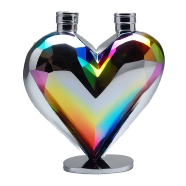 symbolic heart chrome sculpture symbolizing chromatic light with a geometric, faceted design. The bottle is standing upright with angular and baroque features. The vibrant rainbow of colors highlights the sharp edges and planes.  sticker