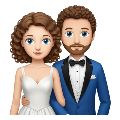 wedding couple, woman has long lightly curled brown hair and blue eyes, man has short light brown curly hair and facial hair with blue eyes sticker
