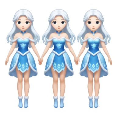 An ice Snow Maiden character with two arms and two legs, full body, front view, back view, side view, three-quarter view, consistent character design, translucent ice material, winter fairy tale style. sticker