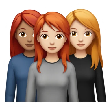 Can you create an image of 3 friends together one with red bright hair light skin one the other with brown hair with some blonde highlights in the hair fair skin the last one with light brown a tint of orange hair and black long hair sticker