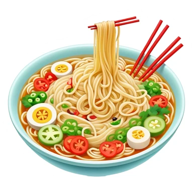 Shaanxi cold skin noodles with colorful toppings, simplified emoji style with bold outlines and bright colors, cartoon style Xi'an famous cold appetizer sticker
