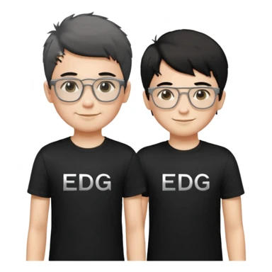 2 boys standing together. oner wearing black t-shirts with the letters 'EDG' fluffy short hair and silver rectangular glasses. the other one has black hair, smiled brightly, no glasses. the one who has no glasses is taller sticker
