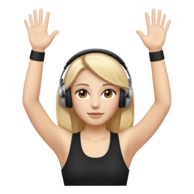 I want a white female dj animated gif emoji with long straight centre parting blonde hair, brown eye brows and putting hands up in the air. Wearing a black tight top with no sleeve. Also wearing DJ headphones  sticker