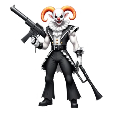 full-body muscular demonic clown, battle-ready, black and white leisure suit with bellbottom pants, bald, black ram horns, flashy black and white belt, ruffled white shirt, no neck tie, large fangs, holding very large futuristic rifle sticker
