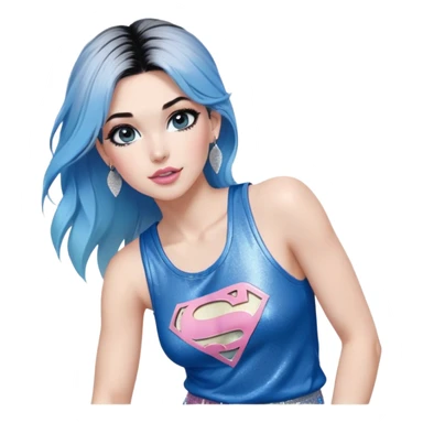 Tall-full body-Larger female chest-very excited-very-beautiful-face-white torn cargo pants-light-pink-lips-very long-very-straight-dark-blue-ombre-hair-and-blue-eyes-thick-black-eyeliner-thick-long-eyelashes-sky-blue-superman-tank-top-with-glitter-and-silver-hoop-earrings sticker