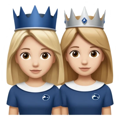 Two girls. One with shoulder length blond hair and one with long brown hair. They have princess crowns on their heads. They have Penn state shirts sticker