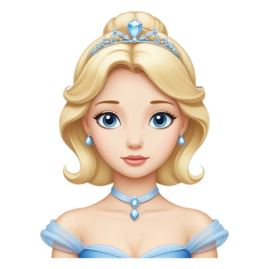 Cinematic Elegant Cinderella Portrait Emoji, rendered in a realistic, vector-style with minimal shading and bold, simplified shapes. Depict Cinderella in her classic ball gown (chest and above) with fair, porcelain skin and elegantly styled blonde hair, her eyes soft and kind, and her expression serene and graceful. The design glows with a gentle, enchanting radiance and high shine, capturing the timeless beauty of a fairy tale princess. sticker