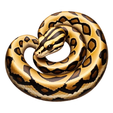 A photo-realistic top-down view of a Ball Python gently coiled into a tight spiral, with its head resting peacefully at the center. Its scales are warm brown with bold, irregular black markings, including the distinctive “alien-head” pattern, flowing smoothly along its body.  sticker