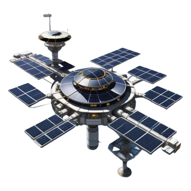  Cinematic Realistic Space Station – A highly detailed, sprawling orbital station with complex solar panels and intricate docking modules. The metallic structure glows faintly from reflected sunlight, with the curvature of Earth and the deep blackness of space in the background. sticker