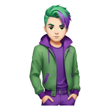 Man with stylish green jacket and purple hair, strong pose, bold expression, modern clothing style sticker