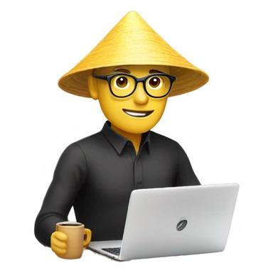 A memoji-style man with yellow skin, wear nearsighted glasses, a traditional Vietnamese conical hat , black shirt, sitting at a desk, a cup of coffee on desk, typing on keyboard, laptop with a logo styled as '</>' in front front sticker