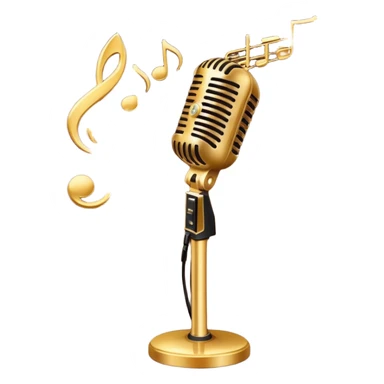 Create a sophisticated and smooth emoji representing jazz vocal performance. The design should feature a stylized microphone, with musical notes swirling around it to convey the fluid, improvisational nature of jazz. Add subtle elements like a vintage microphone stand or a hint of a singer’s silhouette in the background to reflect the live, intimate feel of jazz performance. Use deep, rich colors like gold, black, and burgundy to evoke the classic, smooth vibes of jazz. The background should be transparent. sticker