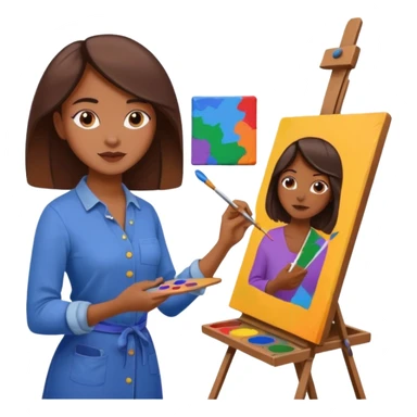 woman artist painting at an easel, surrounded by colorful canvases, simple and expressive sticker