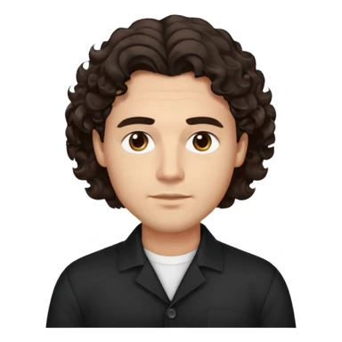 He’s a man with light to medium skin, a defined oval face, full brows, deep-set eyes, and voluminous wavy to curly dark brown hair styled with height. expression calm and focused relaxed black open-collar shirt.polished, articulate, and professional vibe. sticker
