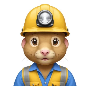 a mole rat, blue helmet, headlamp, yellow worker cloth sticker