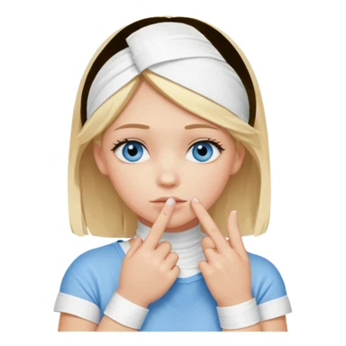 blonde-haired, blue-eyed, fair-skinned girl with her whole index finger wrapped in a bandage, finger on chin, thoughtful expression sticker
