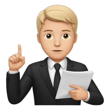 A white man in a black suit stands with a serious face and points at his hand holding papers. sticker