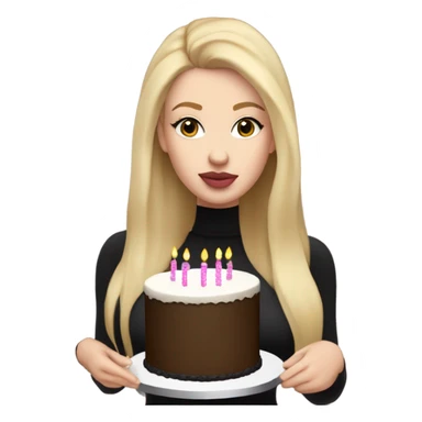 White girl with blonde straight hair, pink lips, dark eyes, black turtleneck, birthday cake in hands sticker
