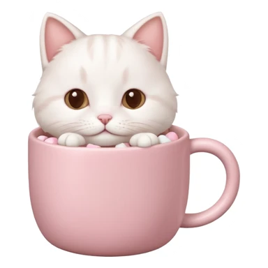 cute white cat relaxing in a pastel pink mug of cocoa with marshmallows, soft lighting, rounded shapes sticker