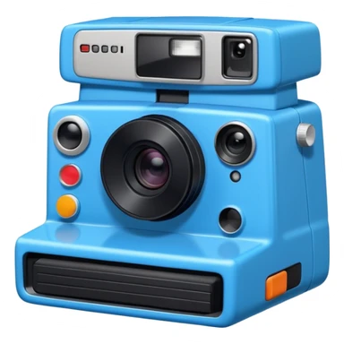 A hand-drawn doodle in a minimalist, cartoon style of a [instant camera]. The object is white with thick, rough, black marker outlines and two small black dot eyes. It is a simple sketch with no realistic textures, centered on a solid [blue] circular background." sticker