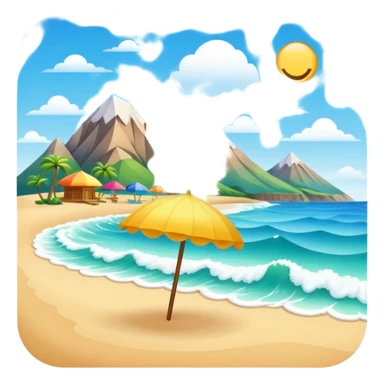 vibrant emoji beach with parasol, wave behind, eco-habitat, mountain range in distance sticker