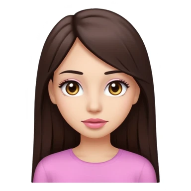 A young woman with long straight dark bown hair, big brown eyes, long eyelashes, pink lips, wearing a plain white top, in emoji style sticker