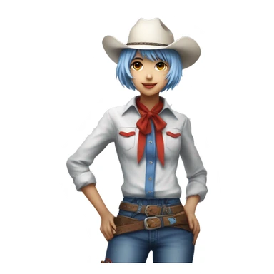 Rei ayanami in a cowboy costume, teen, full body. Only front view, no expression on the face. Make it genZ, stylist and cool, super realistic sticker