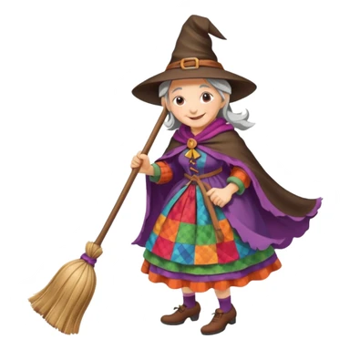 Befana flying on a broomstick: friendly old witch with a warm smile, big nose, rosy cheeks, wearing a colorful patchwork dress and shawl, riding a classic wooden broom. sticker