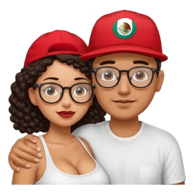 A picture of an embracing tanned couple. the man is a Mexican man with tanned skin, with a bald hair cut wearing a red SnapBack hat and wearing a black shirt. the woman is mixed, with glasses,  with long curly dark brown hair and with big boobs.  sticker