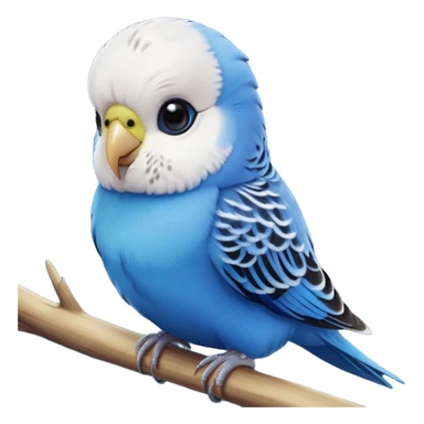 cinematic-cute-blue-budgie-portrait-emoji,-head-tilted-playfully-and-inquisitively,-featuring-a-brilliant-blue-feathered-fur-and white and black feathered face-with-a-natural-sheen,-round,-sparkling-dark-eyes-filled-with-curiosity,-simplified-yet-irresistibly-adorable sticker