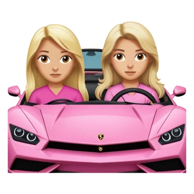 Make car far away so I can see full car Car facing forward in pink sports car. Make hair long are not smiling but very pretty. One girl is blonde, one girl is brunette. Front of car sitting in the seats. Make it a pink sports car. They are two baddies make it a Lamborghini pink car  sticker