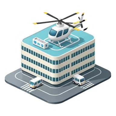 hospital isometric view building with heliport sticker