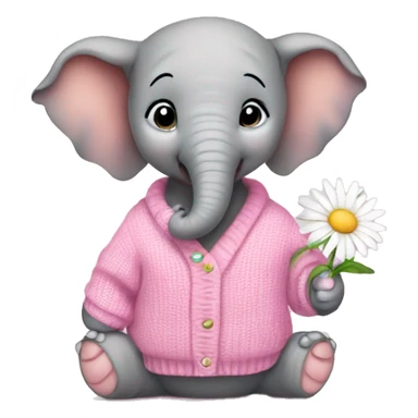 Baby elephant wearing pink sweater and holding daisy sticker