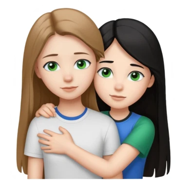 una ragazza dall‘ età di 19 anni con capelli castani chiaro lunghi e lisci ,  occhi blu  ,  e una ragazza di 17 anni capelli neri occhi verdi che si abbracciano e con una maglia bianca o nera  sticker