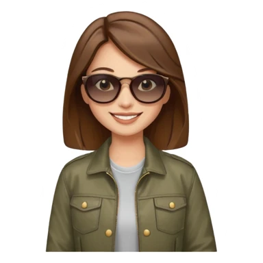 emoji of a young fashionable woman, long wavy brown hair, wearing sunglasses and a trendy jacket, smiling sticker