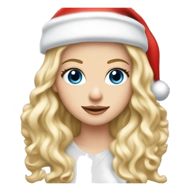 Pretty blue eyed white girl with blonde long wave hair with a santa claus hat sticker