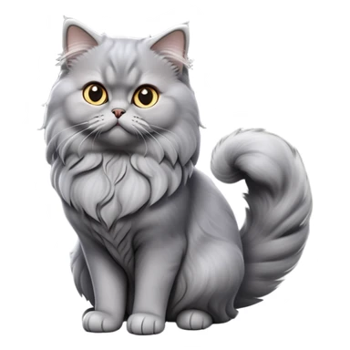 cinematic-[grey persian cat]-realistic-full-body-sitting-emoji,-tail-curled-playfully-around-its-paws,-head-tilted-dramatically,-fluffy-[grey]-fur,-simplified-yet-realistic-focused-features,-highly-detailed,-glowing-with-an-almost-sarcastic-glow sticker