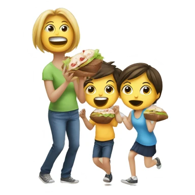 Two kids a boy and a girl going crazy eating an awesome lunch while the mom watches sticker