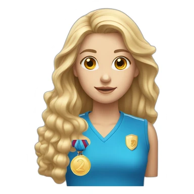 blonde girl with long hair dressed in a blue shirt with pearl earrings and a golden medal sticker