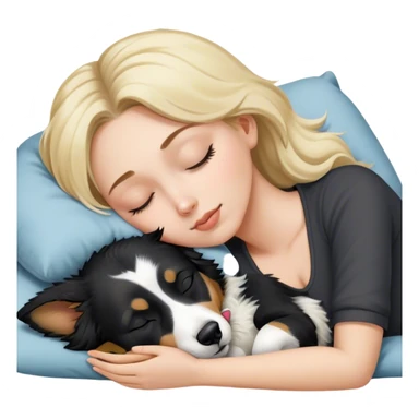 White girl blonde hair sleeping with black and white Australian shepherd with his ears perked up sticker