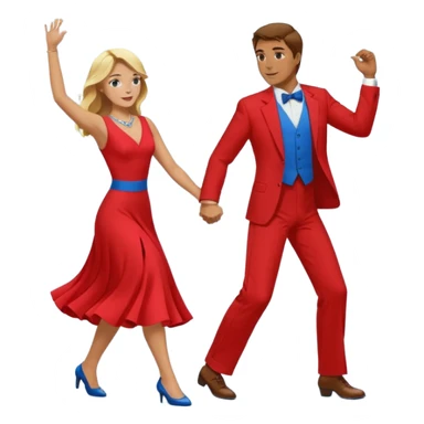 Two people. Man  wearing all red  with brown hair. Women iall blue with blond hair. Swing Dancing.  sticker