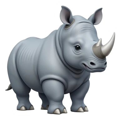 cinematic-rhino-full-body-standing-emoji,white horn, slate grey/blue skin -massive-body-poised-powerfully,-thick-horn-curving-slightly-forward,-head-tilted-dramatically,-rough-grey-hide-covered-in-dust,-simplified-focused-features, large cute black eyes sticker
