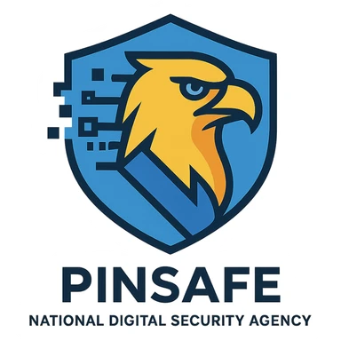 abstract eagle head logo for Pinsafe national digital security agency, digital pixel and data stream effects, shield outline, professional authoritative look sticker